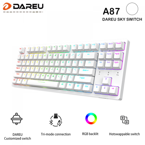 Dareu A87 Tri-mode Connection 100% Hotswap RGB LED Backlit Mechanical Gaming Keyboard-Pearl Whtie